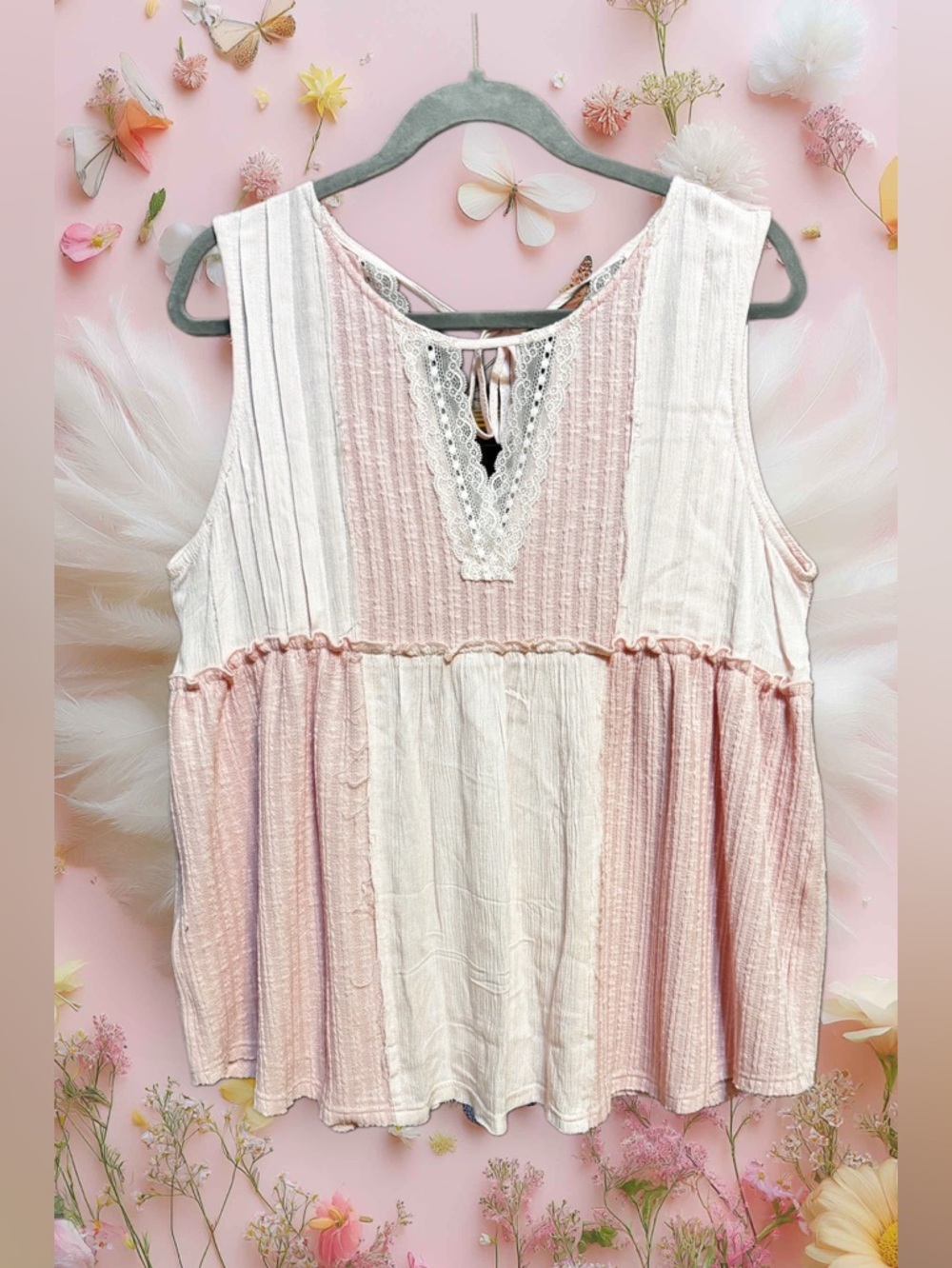 POL Pink and Cream Sleeveless Peasant Top